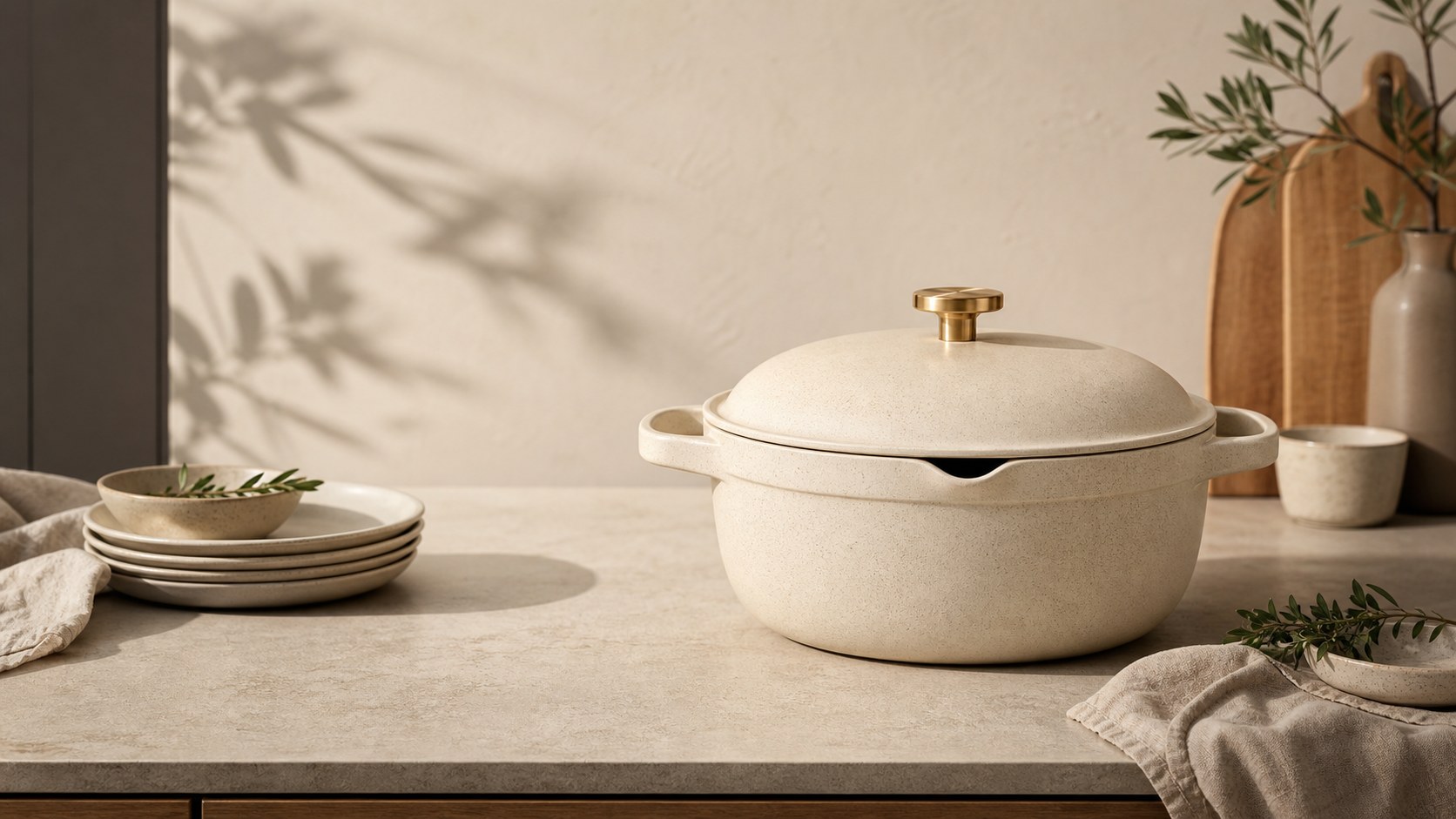 Cream speckled CERENE ceramic casserole on a warm stone counter in a refined modern kitchen.
