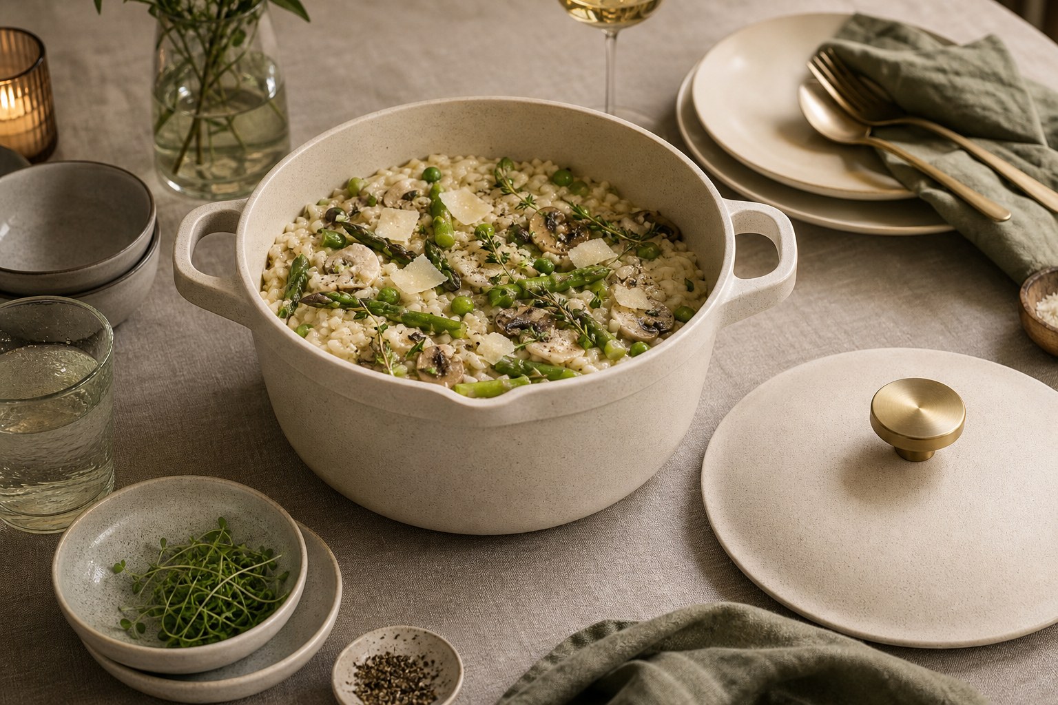 Open cream ceramic casserole filled with risotto and vegetables on an elegant dining table.