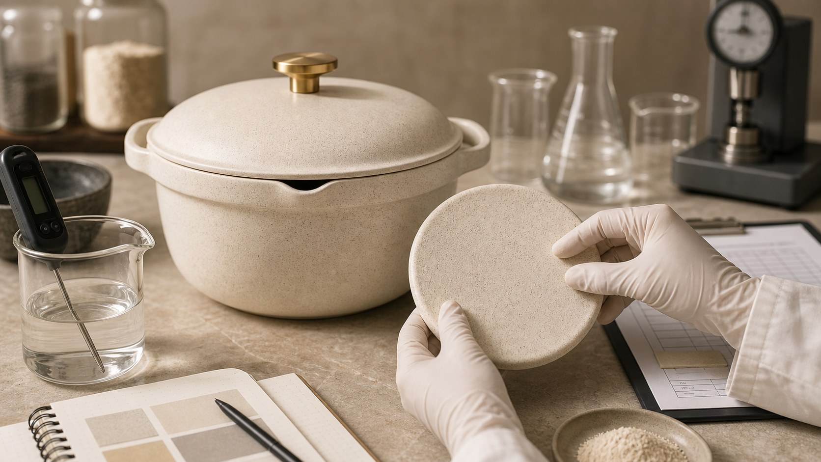 CERENE ceramic casserole sample and ceramic material inspection on a warm product testing bench.